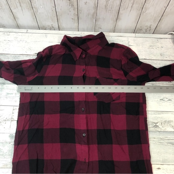 Eyeshadow Plaid Button Up Crossover Back Lace Trim Shirt Medium - Picture 10 of 10